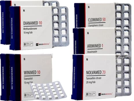 Paquete de 3 para aumento de masa muscular seca. Oral. 4 semanas. Dianabol. Winstrol. Protecciones PCT. Deus Medical.