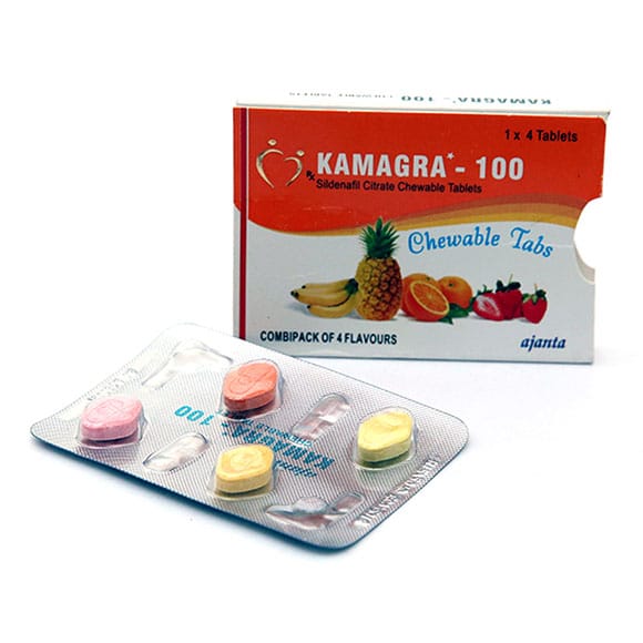 Kamagra 100 comprimidos masticables, cuatro sabores, citrato de sildenafilo CT 1×4, farmacia UE